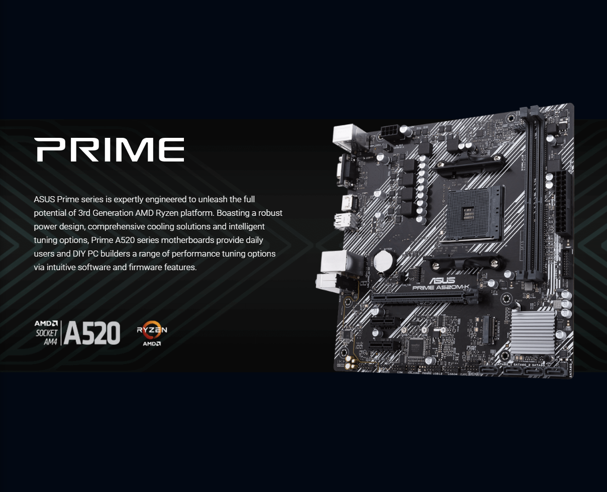 ASUS Prime A520M-K AMD AM4 (3rd Gen Ryzen) Micro-ATX Motherboard (ECC Memory, M.2 Support, 1Gb Ethernet, M.2, USB 3.2 Gen 1 Type-A,HDMI 2.1 4K at 60Hz, D-Sub)