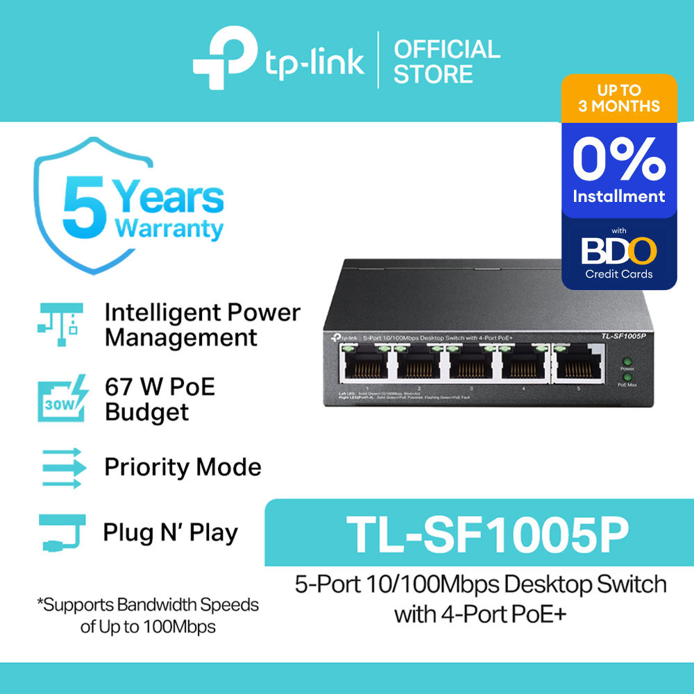 TP-Link Official Store / TL-SF1005P / 10/100Mbps 5-Port Plug N Play with 4-Port PoE+ Desktop Network Ethernet Switch Hub for Internet