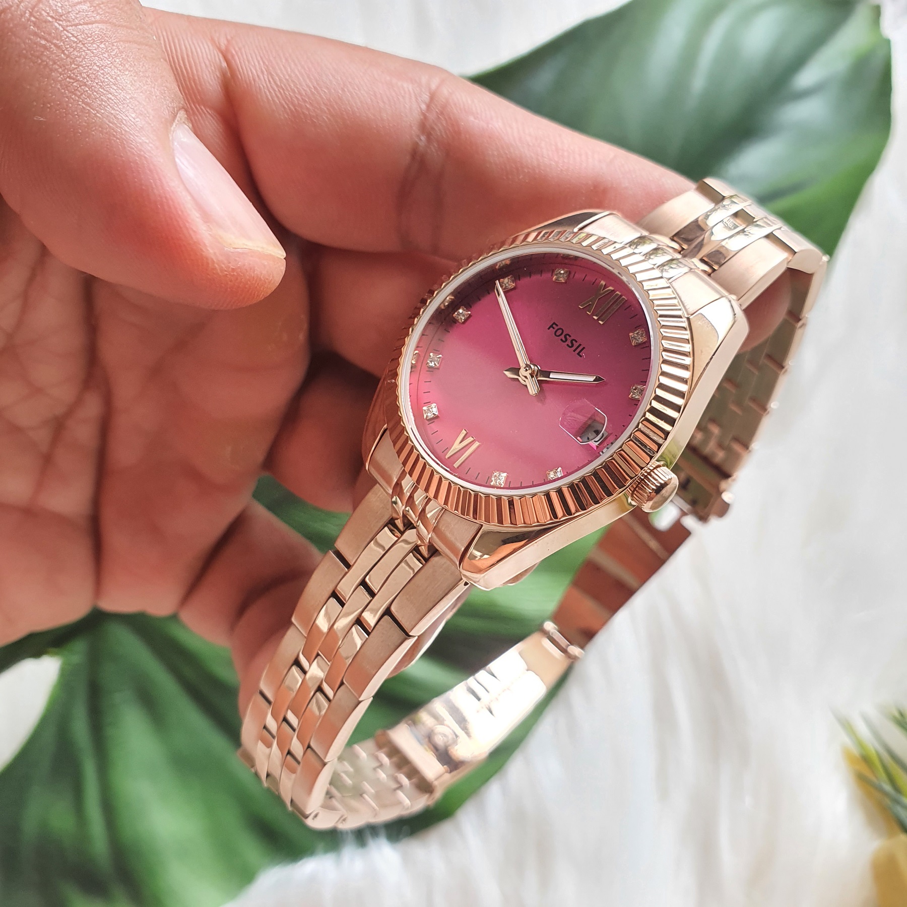 Pink Dial Fixed Bezel Tone Ladies Watch 