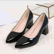 Black glossy pointed toe block heel shoes for women