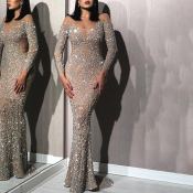 Elegant Sequins Off Shoulder Long Sleeve Wedding Maxi Dress