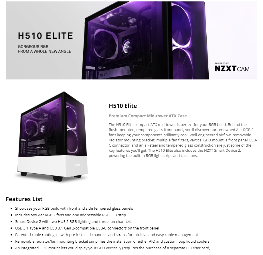 NZXT H510 Elite White - Premium Mid-Tower ATX Case PC Gaming Case - Dual-Tempered Glass Panel - Front I/O USB Type-C Port - Vertical GPU Mount - Integrated RGB Lighting - Water-Cooling Ready - 2 Aer RGB 2 140mm included - White/Black, CA-H510E-W1