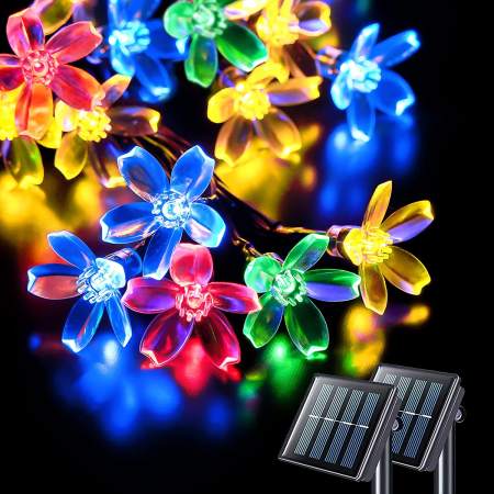 Solar Cherry Blossom String Lights, Warm White/Colorful, 16-23 Feet