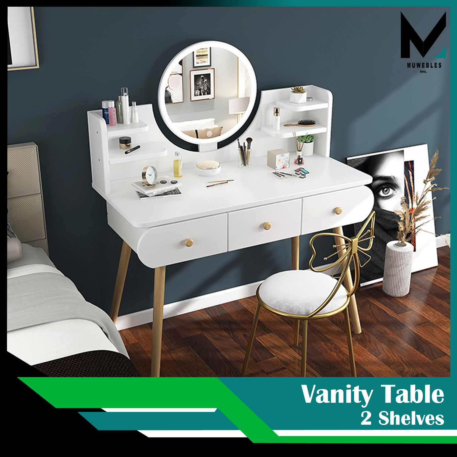 Muwebles Modern Style Vanity Table With Two Side Shelf And Round Mirror With Light 10040120 Lazada Ph Muwebles Modern Style Vanity Table With Two Side Shelf And Round Mirror With Light 10040120 Lazada Ph