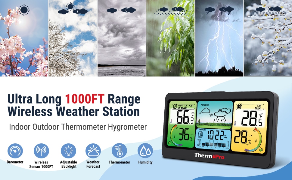 ThermoPro TP67B Waterproof Weather Station Wireless Indoor Outdoor  Thermometer Digital Hygrometer Barometer with Cold-Resistant and Waterproof