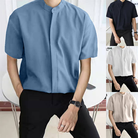 Huilishi Plain Chinese Collar Men's Short Sleeve Button High Quality Short Sleeve Shirt