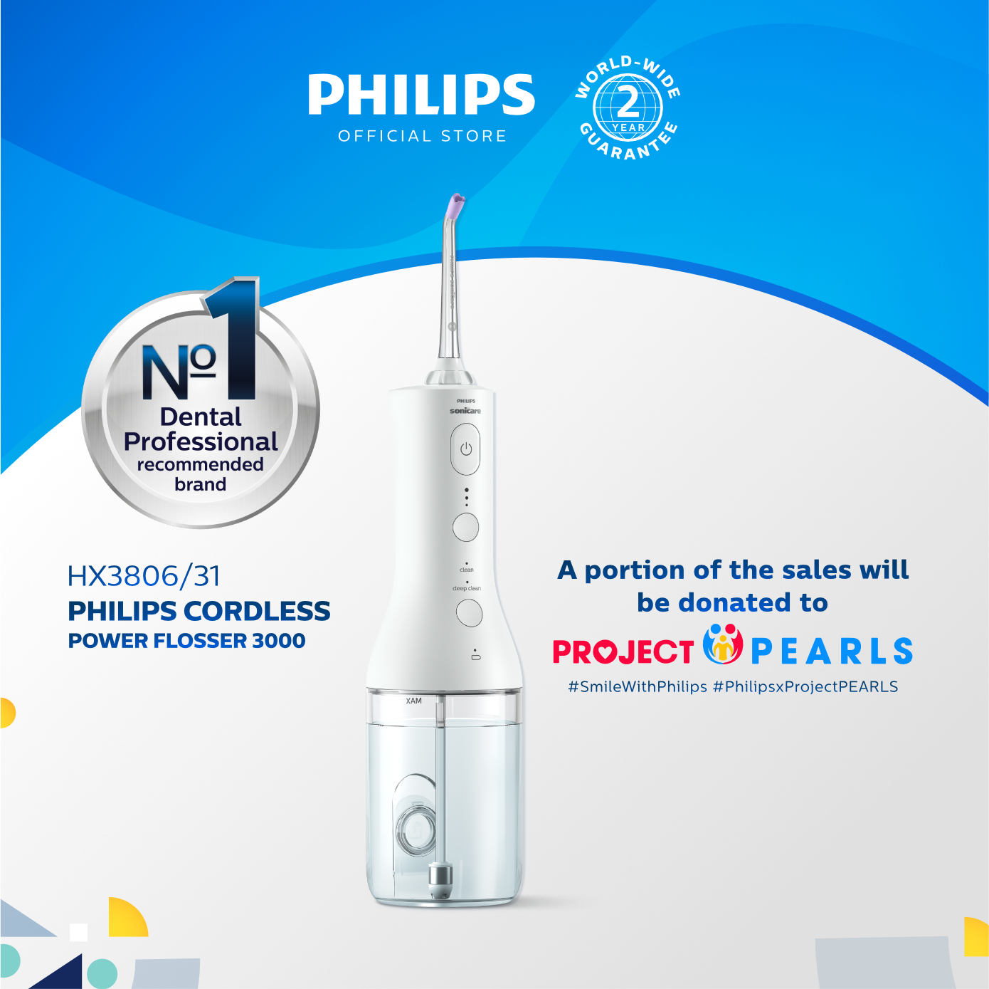 Philips Cordless Power Flosser 3000 HX3806/31 with QuadStream Technology and Accessories (Rechargeable, Fast Cleaning)