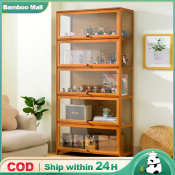 Bamboo Display Cabinet With Glass 3/4/5Layers 60/70/80CM Acrylic Transparent Living Room Cabinet Shelf Organizer