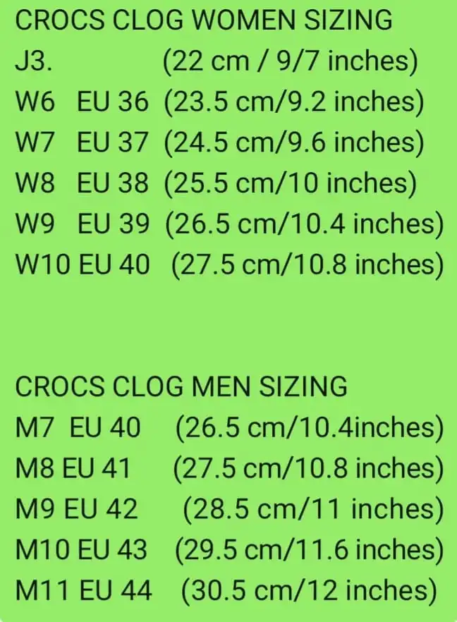 crocs size w7 in cm