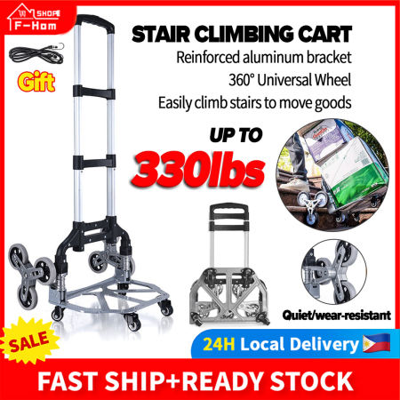 150kg Foldable Trolley Stair Climbing Cart Heavy Duty Lightweight Premium Aluminium Alloy Hand Truck Trolley 10 wheel Push cart Shopping Grocery Cart with Free Rope