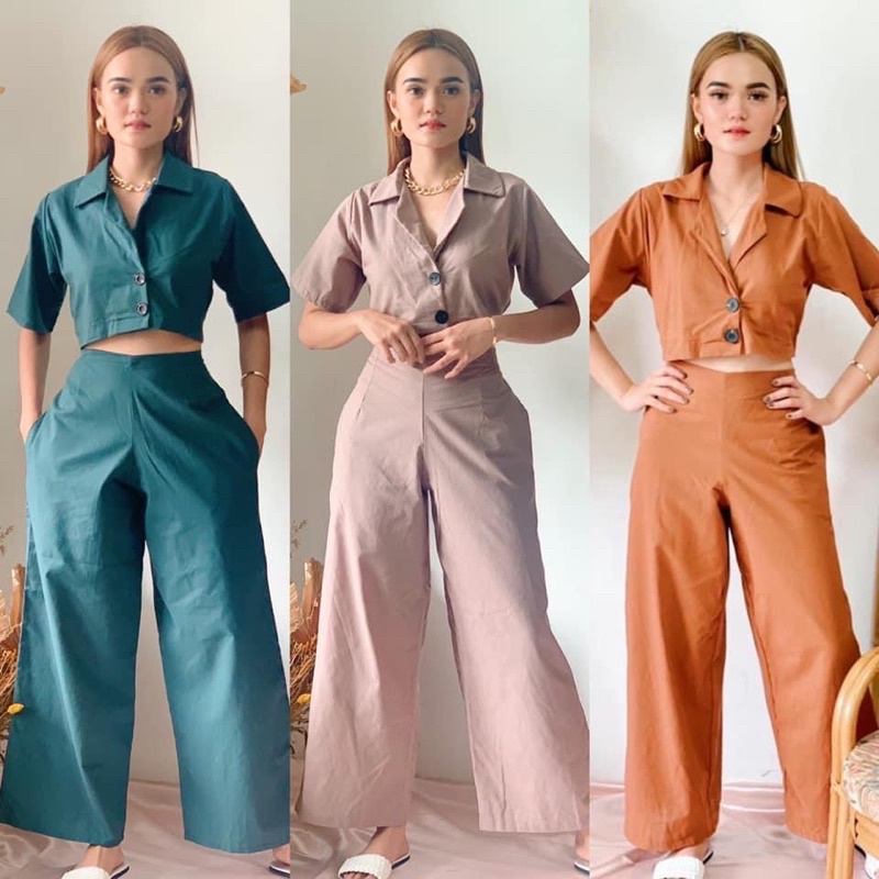 Madeline Coordinates (Cropped Polo and Wide Leg Trousers) beautiful |  Lazada PH