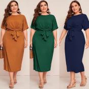 A2548 Urban Outfits Bowknot Front Plain Plus Size Dress