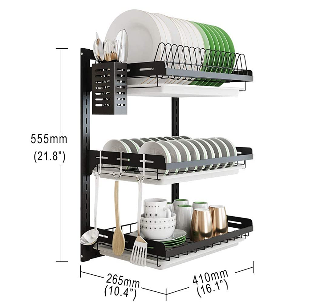 junyuan Dish Drying Rack Wall Mounted,Hanging Dish Drying Rack with Utensil  Holder,Kitchen Storage Plate Rack with Drain Board,Durable Stainless Rust