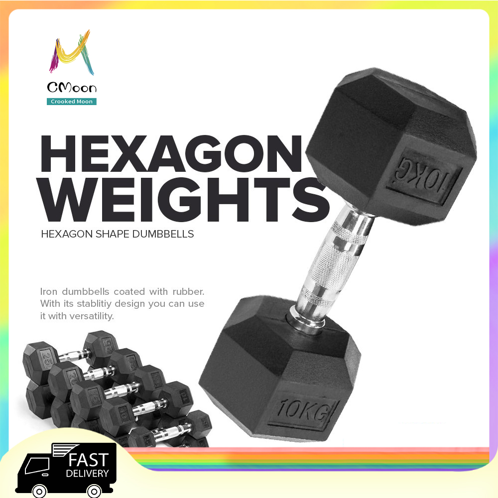 Rubberized Hex Dumbbells with Metal Handle, Various Weights - FitnessGear