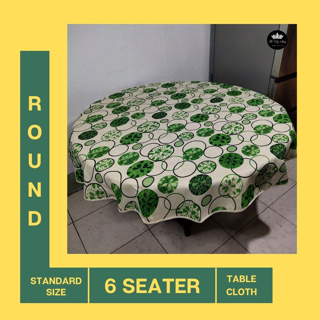 Green And Cream Round Table Cloth With, What Size Is A 6 Seater Round Tablecloth Fitst