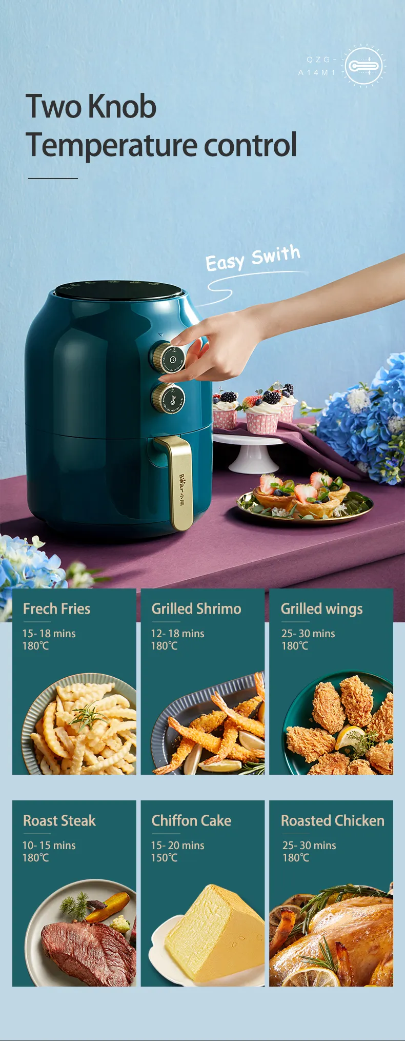 Bear 3.5L Non-stick Air Fryer 1250W Electric Deep Fryers Oil Free Multi-functional Fryer Adjustable Timing Cooker QZG-A14M1 (15)(1)