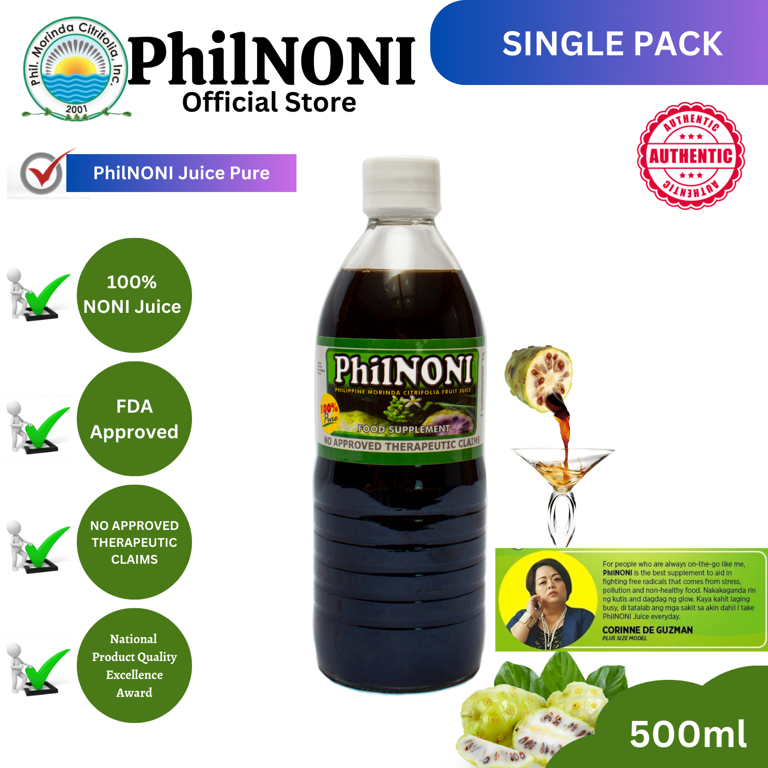 PhilNONI Juice Stevia 500mL 1 BOTTLE Made from the top quality NONI Fruits Healthy and delicious drink for all FDA Approved Excellent Quality Lazada PH