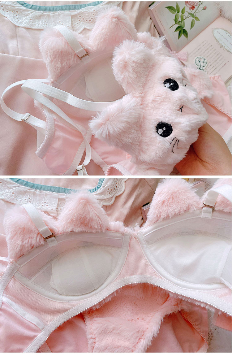 Japanese Sweet Kawaii Pink plush cat embroidered unrimmed bunched bra set