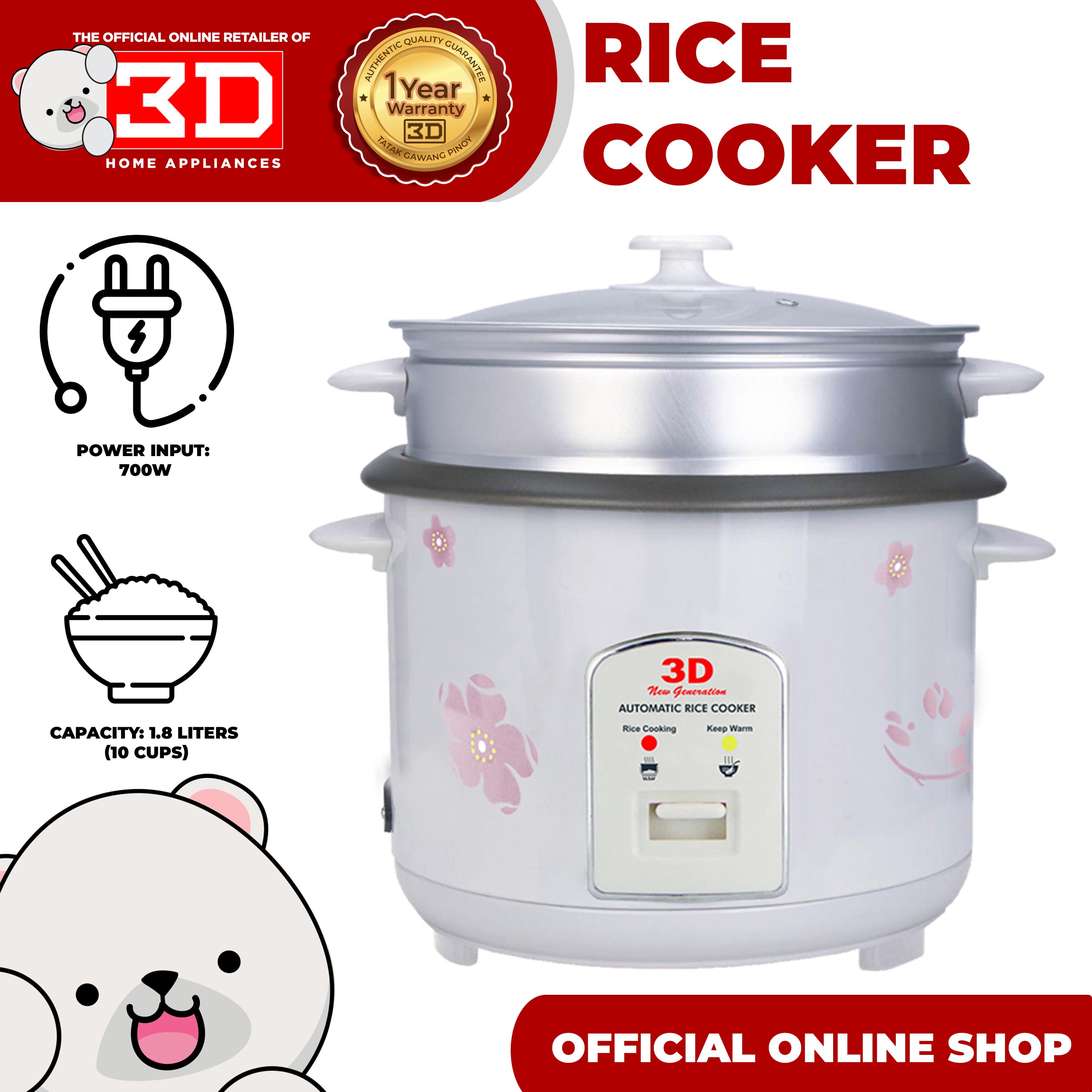 3D RCF-8C Rice Cooker 1.5L w/ Flower Design  Steamer Lazada PH