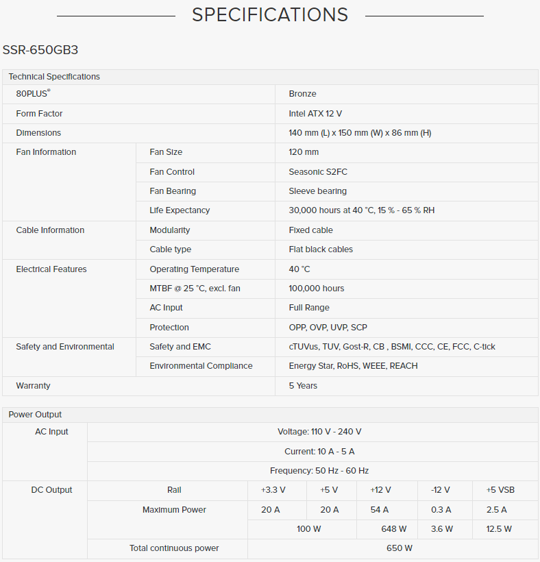 Seasonic S12 III 650 SSR-650GB3 650W 80+ Bronze, ATX12V & EPS12V, Direct Output, Smart & Silent Fan Control, S12III Power Supply