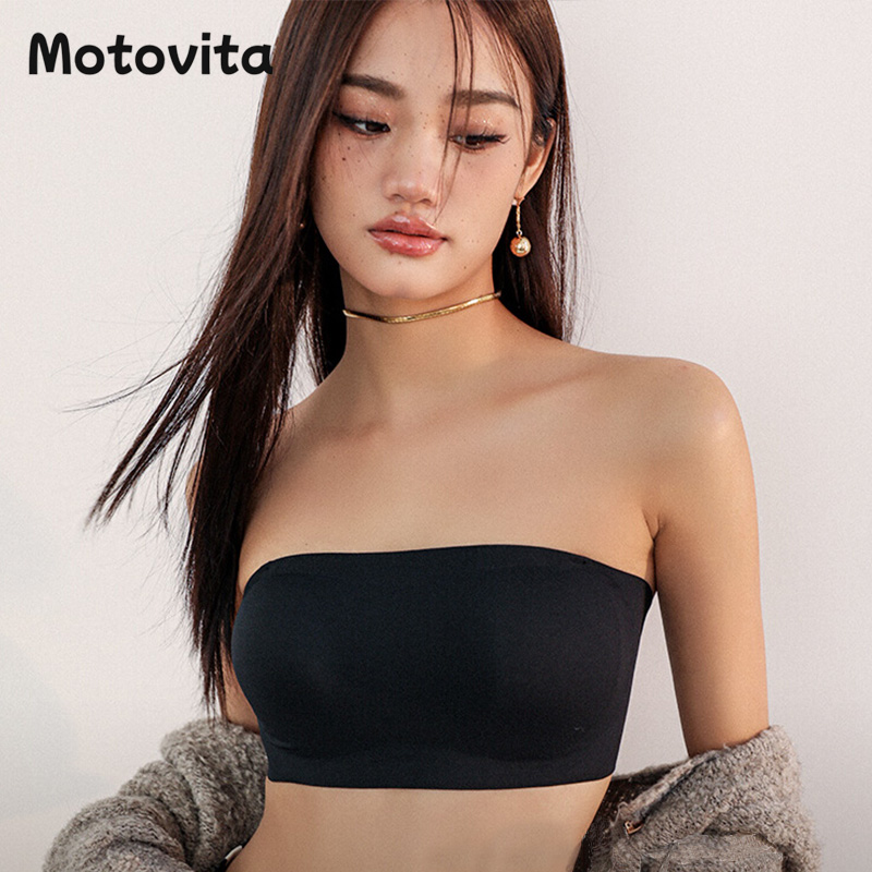 Motovita One Piece Sexy Tube Tops Women Strapless Push Up Bra Lingerie Ice Silk Thin Seamless Word Sling Black White Bralette Top ﻿