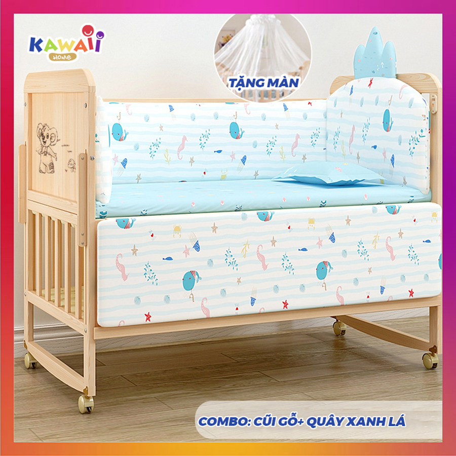 Multi-function baby crib, pine baby cot can be paired with parents bed