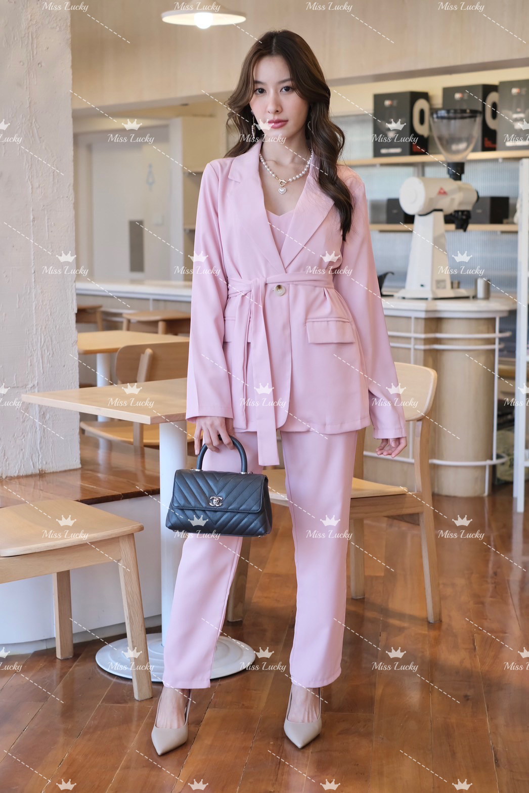 Miss Lucky Bangkok 3in1 Blazer Suit Belted & Spaghetti & Long Pants  Coordinates Korean Style 1803