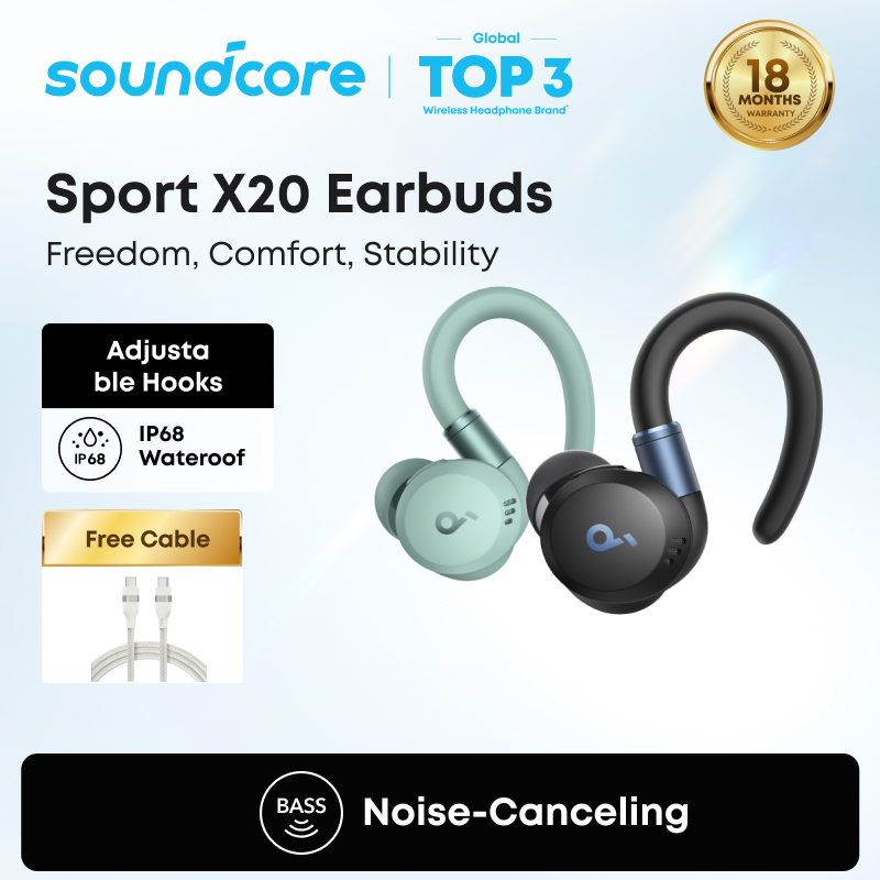Soundcore by Anker Sport X20 True-Wireless Workout Earbuds Noise Cancelling, Deep Bass, IP68 Waterproof, Sweatproof, Dustproof, 48H Play, Sport TWS Earbuds for Gym A3968