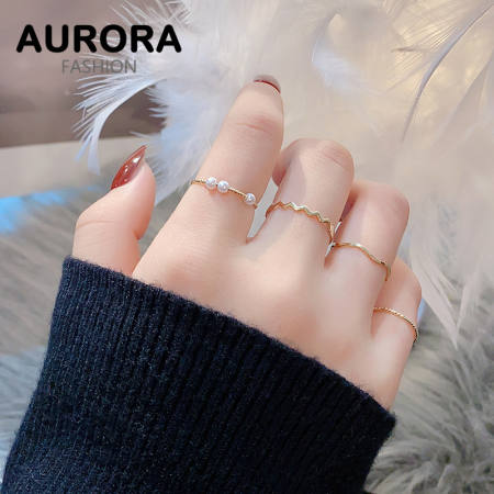 AURORA Gold Plated Pearl Fashion Ring Set (5PCS)