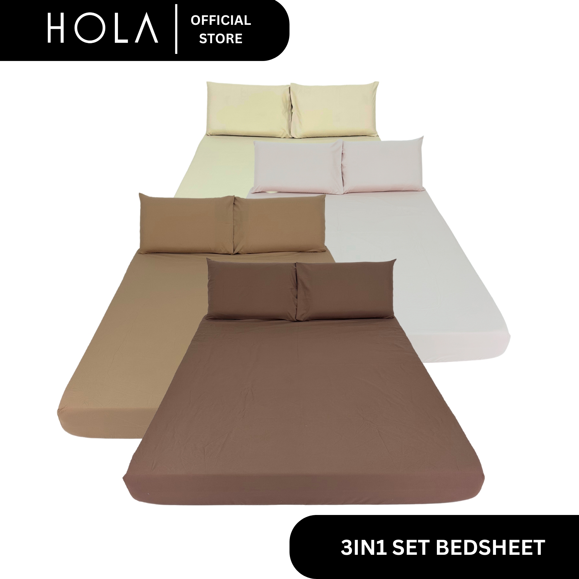 Product photo of HOLA plain cotton fitted sheet set (neutral shades) from its Lazada listing