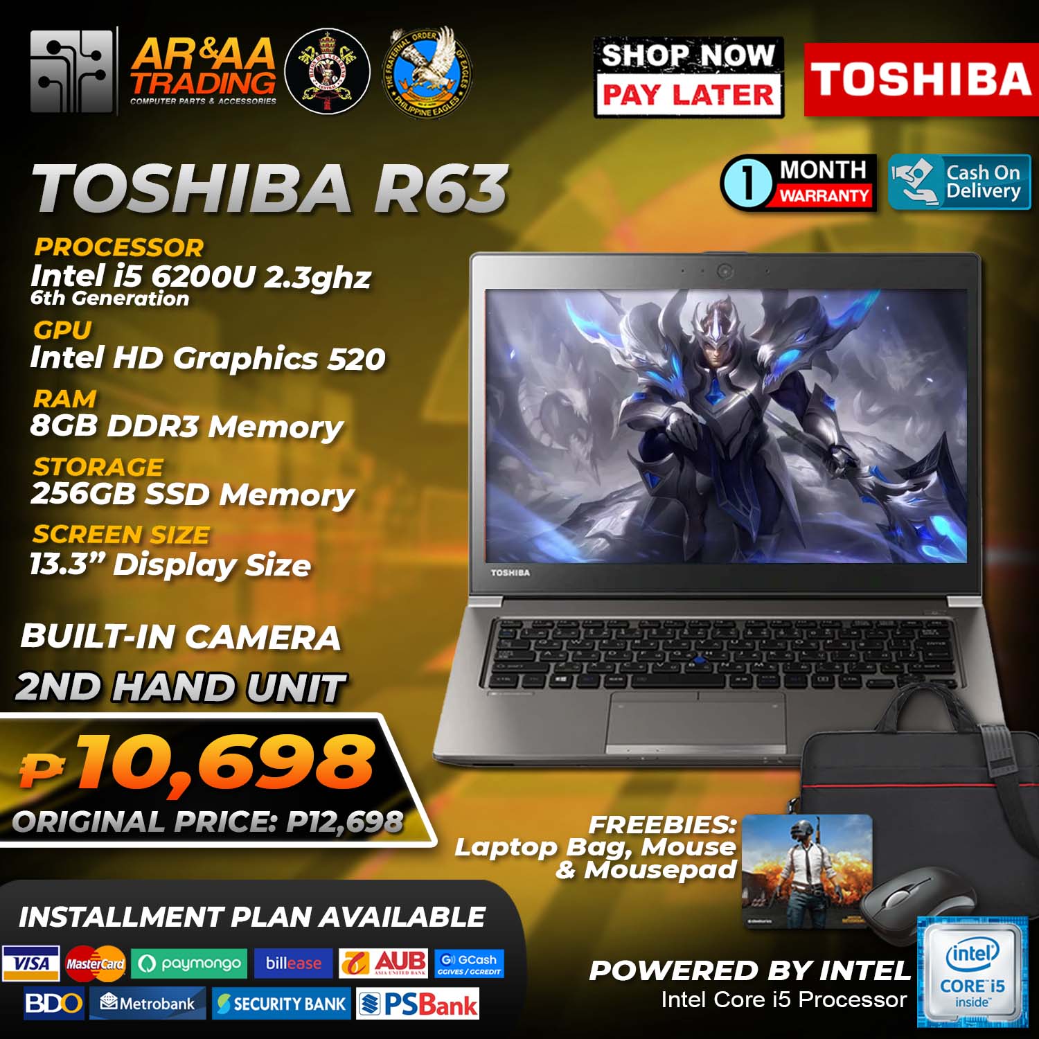 Laptop TOSHIBA R63 Intel Core i5 6200U 2.3ghz 8gb 256GB SSD