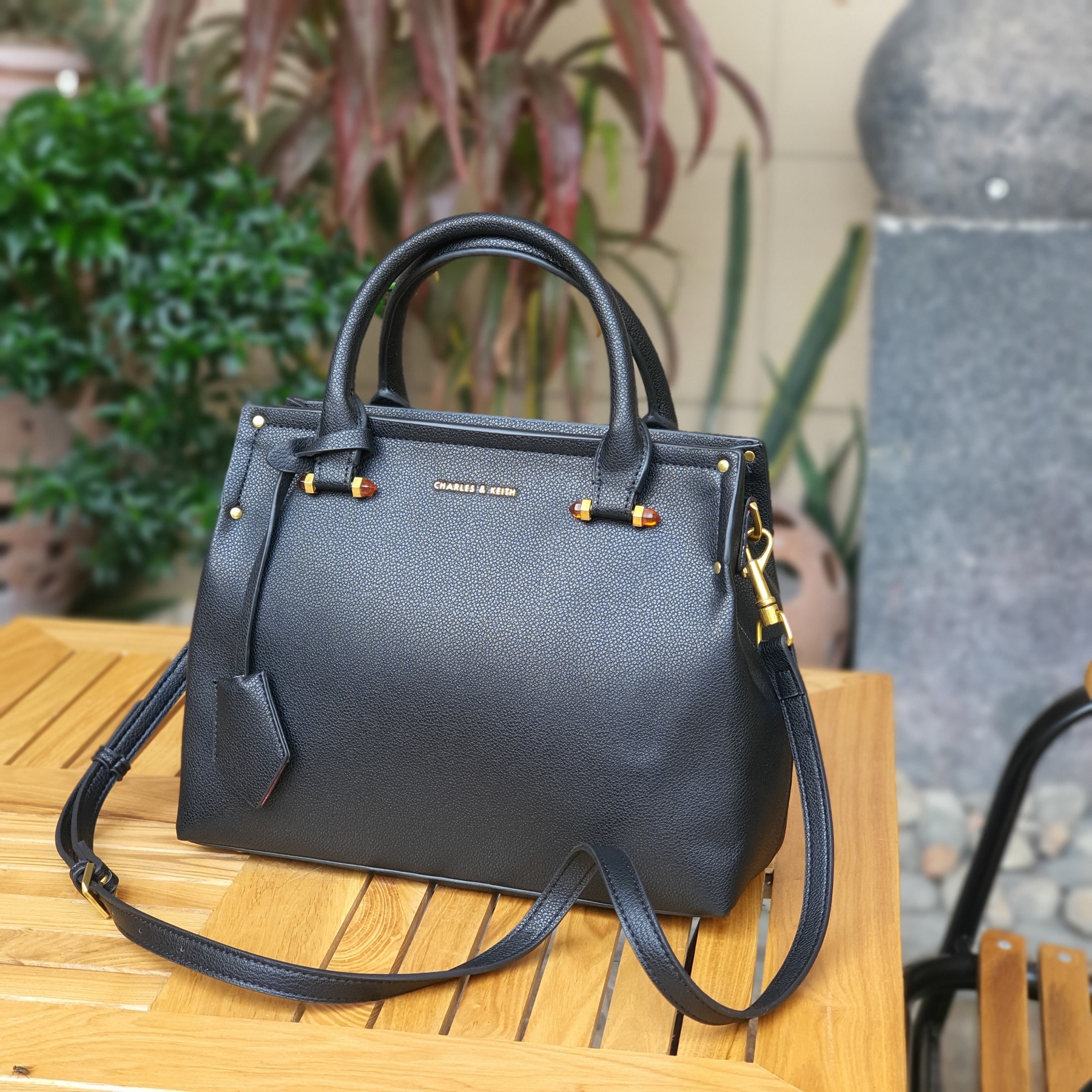 Double Top Handle Structured Bag - Black