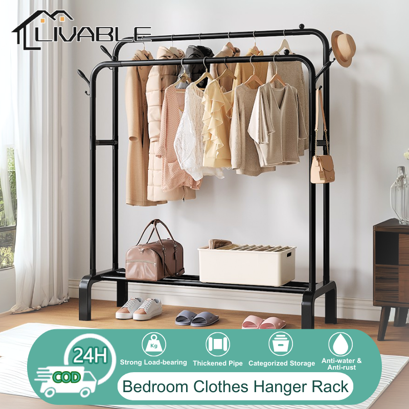 LIVABLE Clothing Garment Rack Single/Double Pole Sampayan with Lower Storage Shelf for Boxes Shoes Boots Bedroom Drying Rack