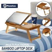 Phonebox Portable Bamboo Wood Laptop Bed Table Desk Table Stand Computer Adjustable Folding Bed Tray With Foldable Legs Standing Desk For Study and Reading