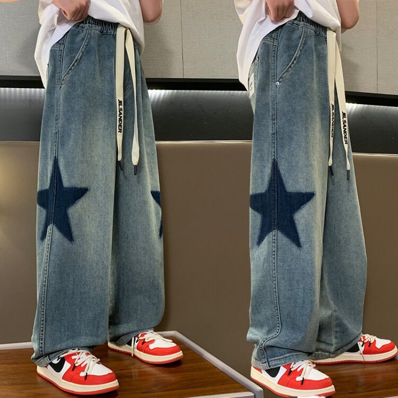 Retro Jeans for Kids Girl Stars Maong Pants for Teens Girl Wide Legs pants  for Kids Drawstring Denim Pants For Kids Girls Causal Style 7-15yrs