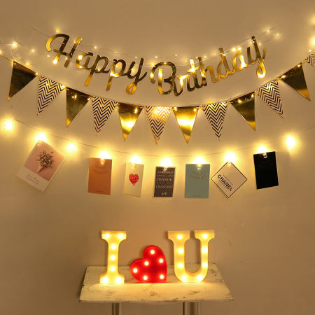 LED Birthday Banner Set with Flags and String Lights