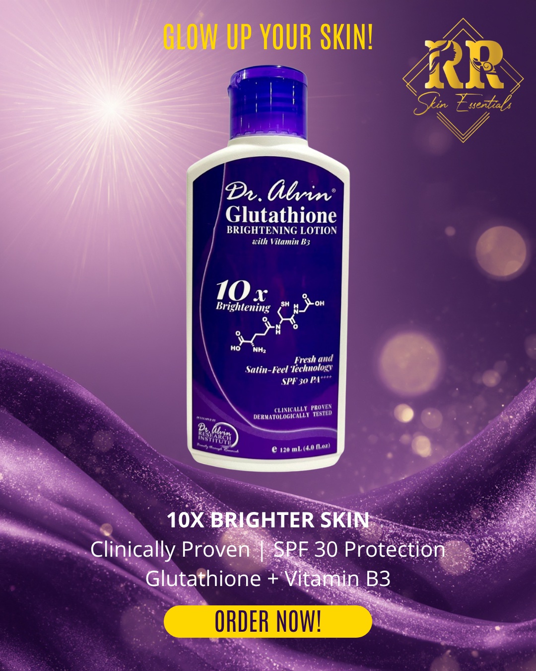 Glutathione Lotion 120ML by. Dr. Alvin with 10X Brightening Effect and Vit  B3 + Sun Protection, Whitening and Moisturizer