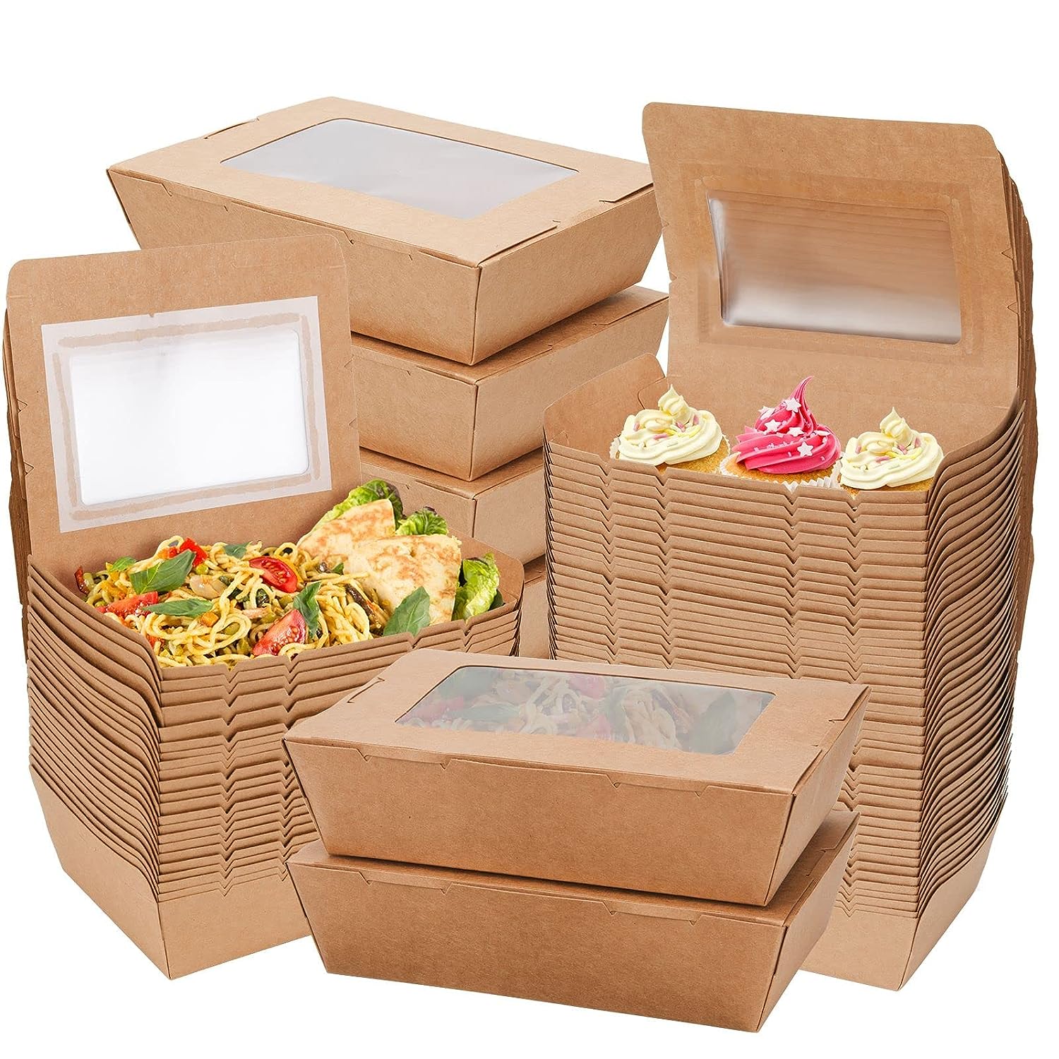 Kraft Brown Food Boxes With Lids And Spoons, Disposable Kraft Takeout  Containers, Takeaway Food Containers, Recyclable Lunch Boxes With Window  For Restaurant, Catering And Party - Temu