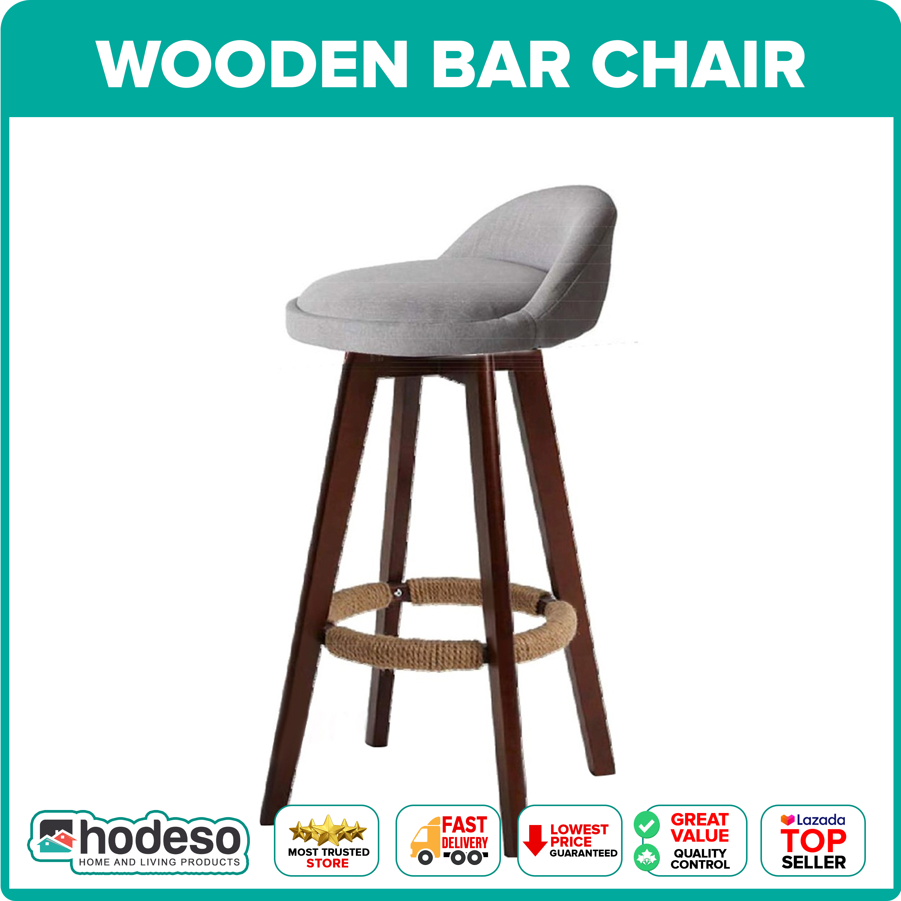 Hodeso Bar Stool Gray Swivel Revolving Bar Chair With Wooden Legs Barstool Lazada Ph