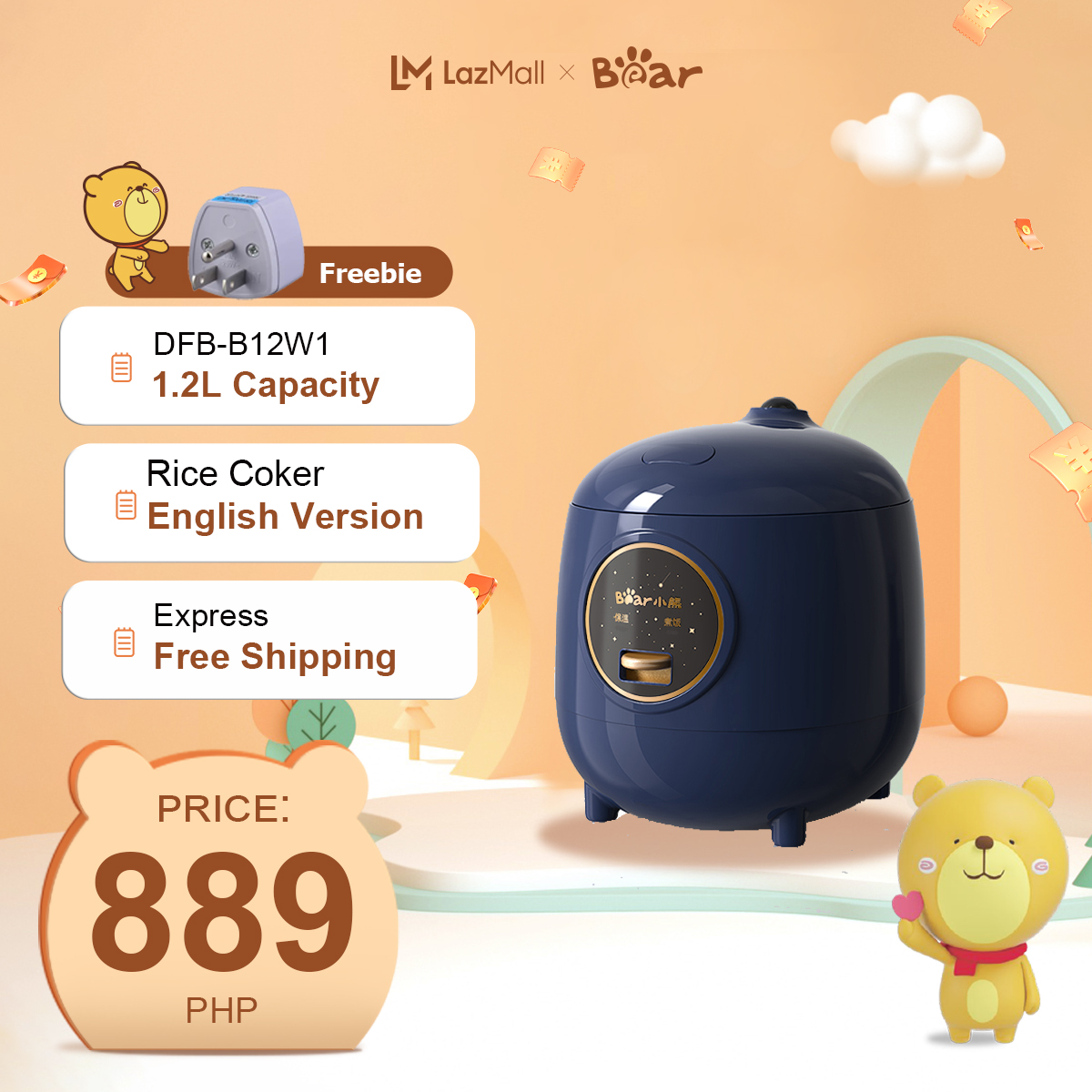 Bear Mini Rice Cooker DFB-B12W1-One Button Cooking - BPA Free 1.2 Liter