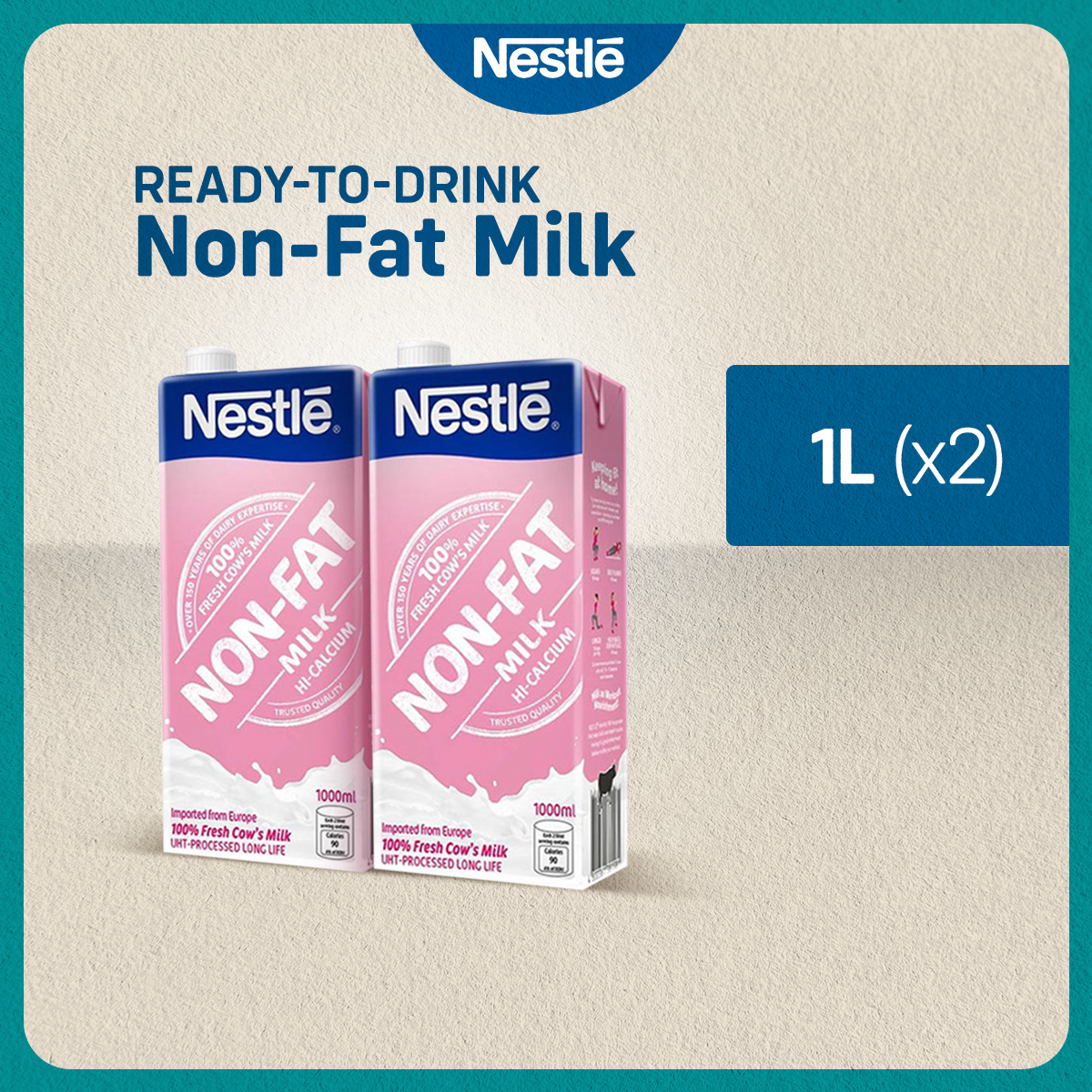 NESTLE Non Fat Milk 1L - Pack of 2 with FREE Fitnesse 40g