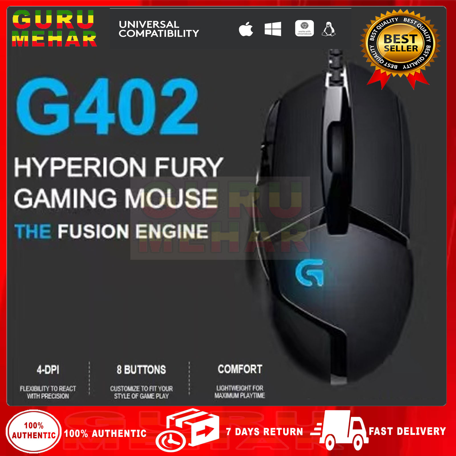 Logitech G402 Hyperion Fury Wired Gaming Mouse, 4,000 DPI, Lightweight, 8  Programmable Buttons, DPI Switch Button, Compatible with PC/Mac - Black :  : PC & Video Games
