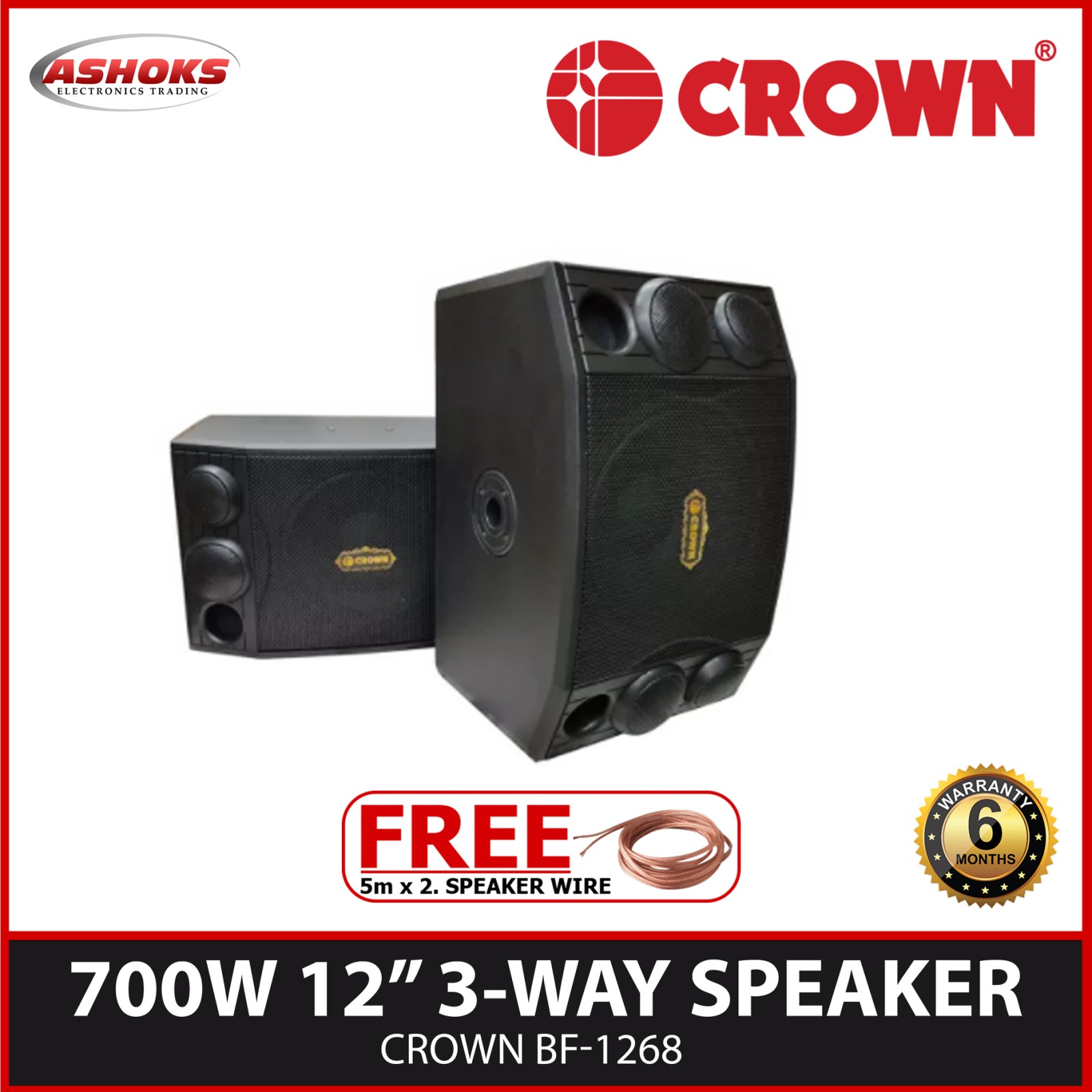Crown BF 1268 3-Way Karaoke Speaker, 700W with Free Wire