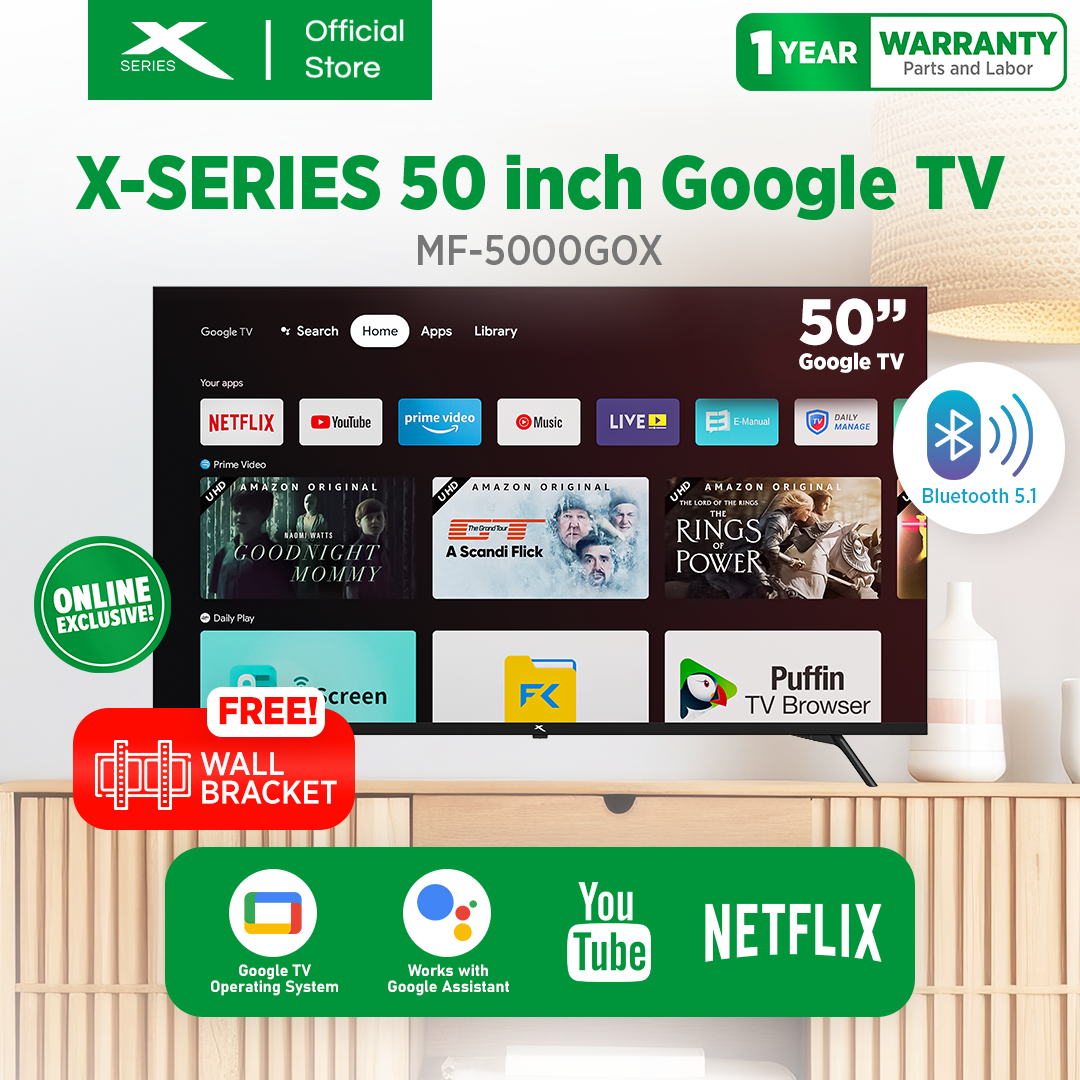 Xtreme/X-SERIES 50 inch Google TV OS Frameless Wi-Fi Netflix YouTube Google Play Bluetooth 5.1 Chromecast Built-in 4K Resolution Smart Remote with Voice Control and Free Wall Bracket (Black) [MF-5000GOX] Presyo 16,960 Piso*Libreng Shipping