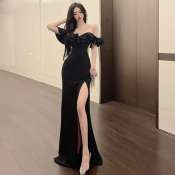 Elegant Slim-Fit Off-Shoulder Ruffled Evening Dress for Women