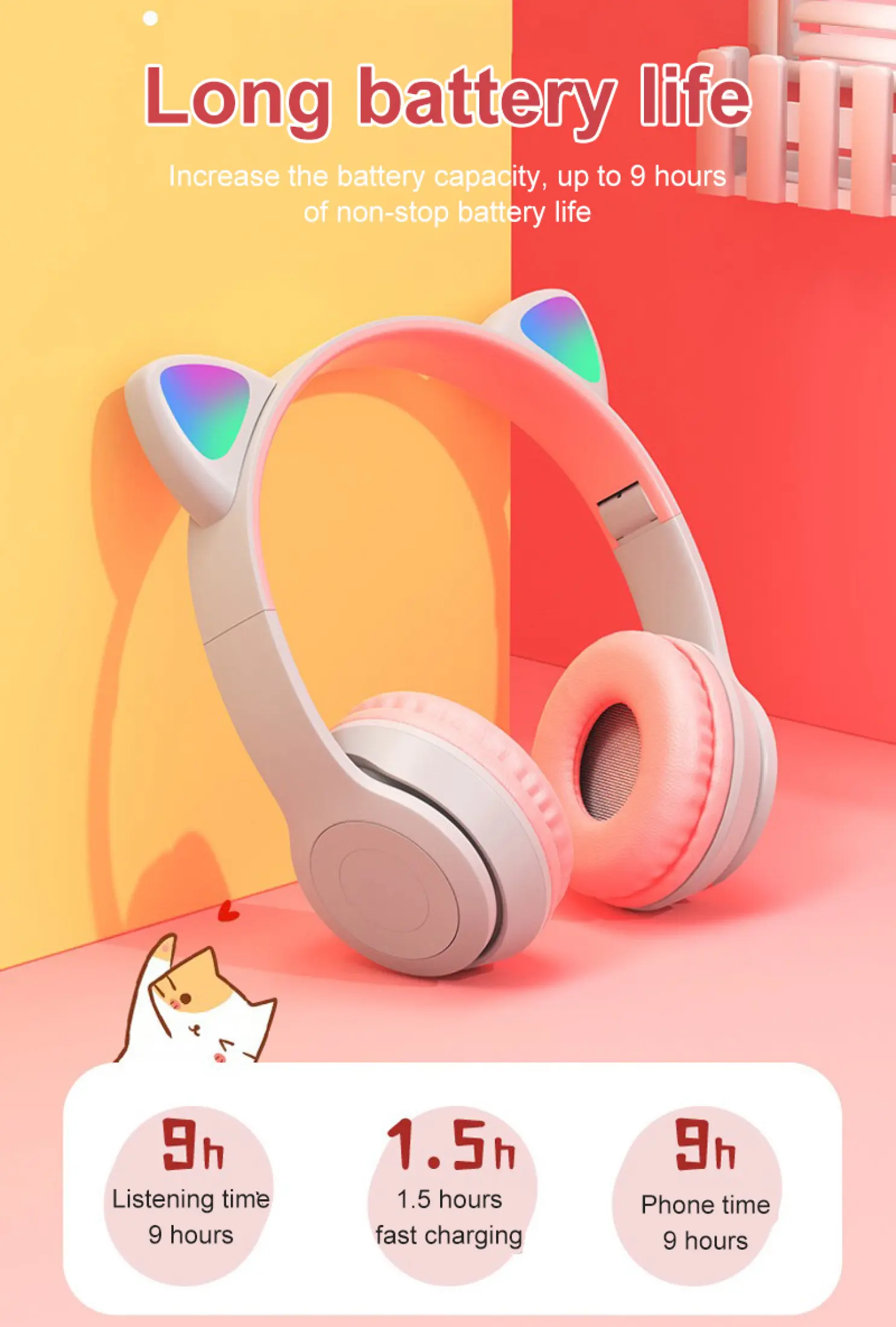 เกี่ยวกับสินค้า [Great Deals] Original หูฟังหูแมวหูฟังชุดหูฟังบลูทูธ5.0 Led ปรับหูฟังพับได้ Blth 5.0หูหูฟังสเตอริโอไร้สายพับได้กว้างความเข้ากันได้ยาวสแตนด์บายมีไมโครโฟนในตัว ไฟLED
