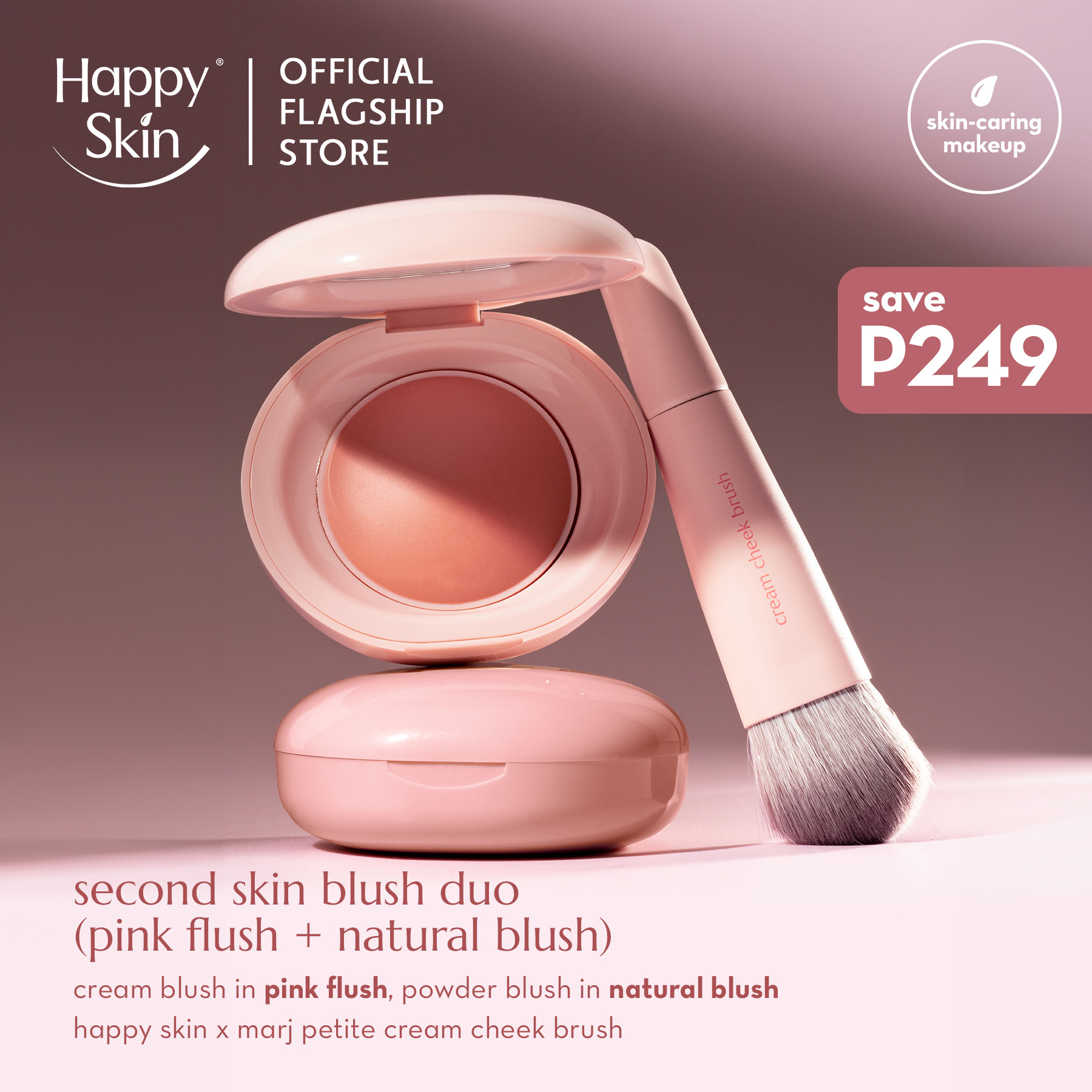 Discount on Happy Skin  shoes - SKU: Happy Skin Second Skin Blush Duo (Pink Flush + Natural Blush (Cream + Powder + Mini Brush)