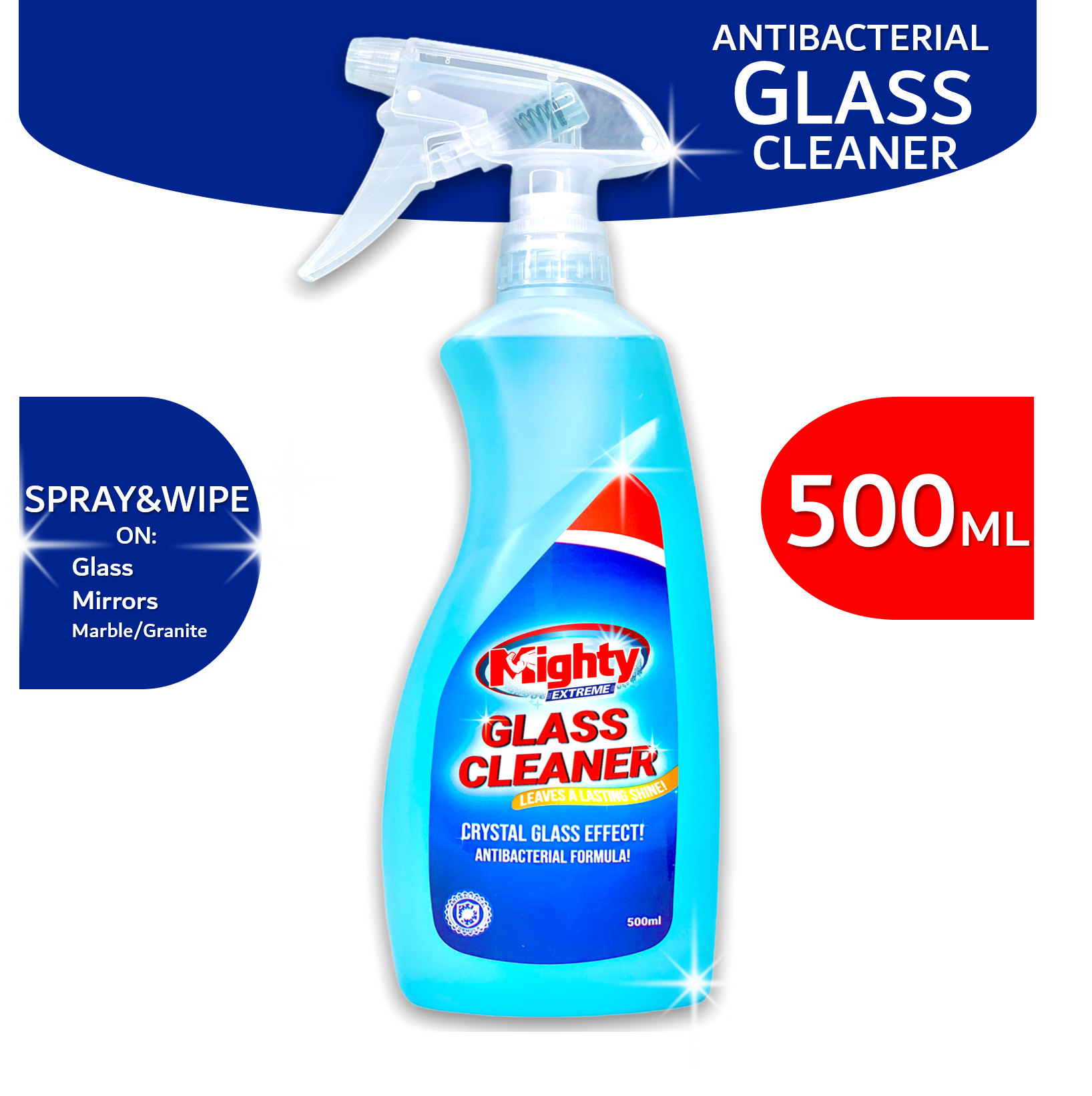 Mighty Glass Cleaner Antibacterial 500ml with SPRAY - GLASS CLEANER SPRAY  500ml