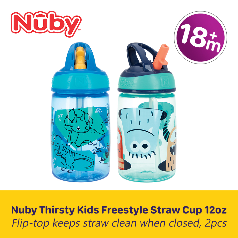 Nuby Thirsty Kids Flip-it Freestyle On the Go Water Bottle with Bite  Resistant Hard Straw