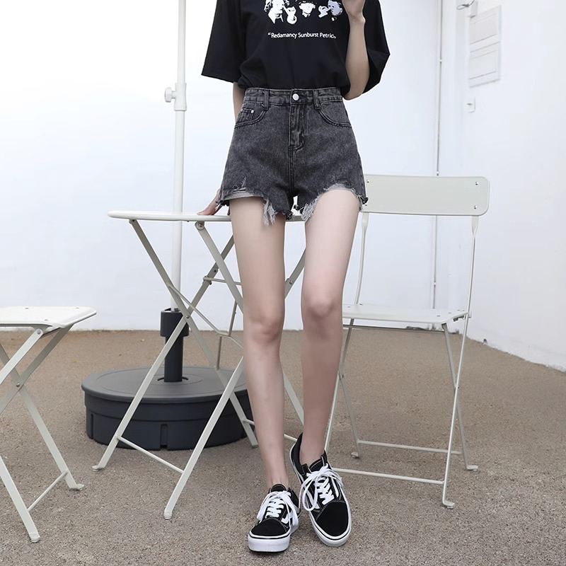 Jeans women's summer Korean style denim shorts women's high waist slimming  a-line loose raw edge hot pants